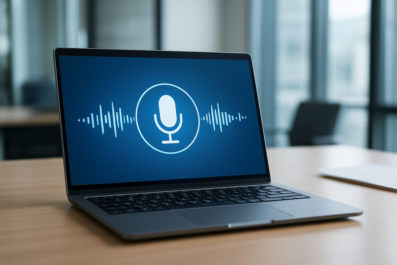 A laptop displaying a microphone icon with soundwave graphics on the screen.