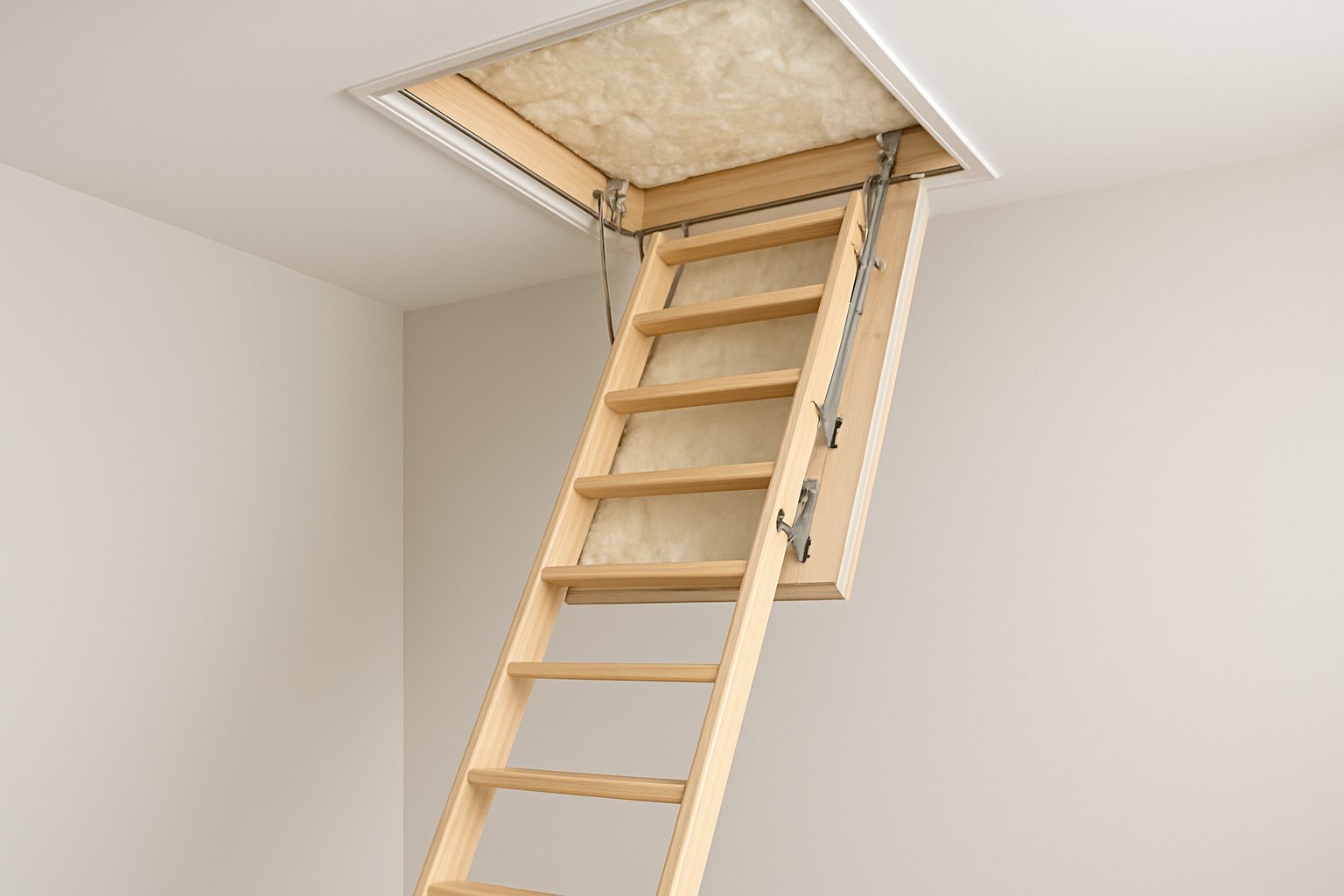 a wooden loft ladder leading up to an insulated ceiling hatch